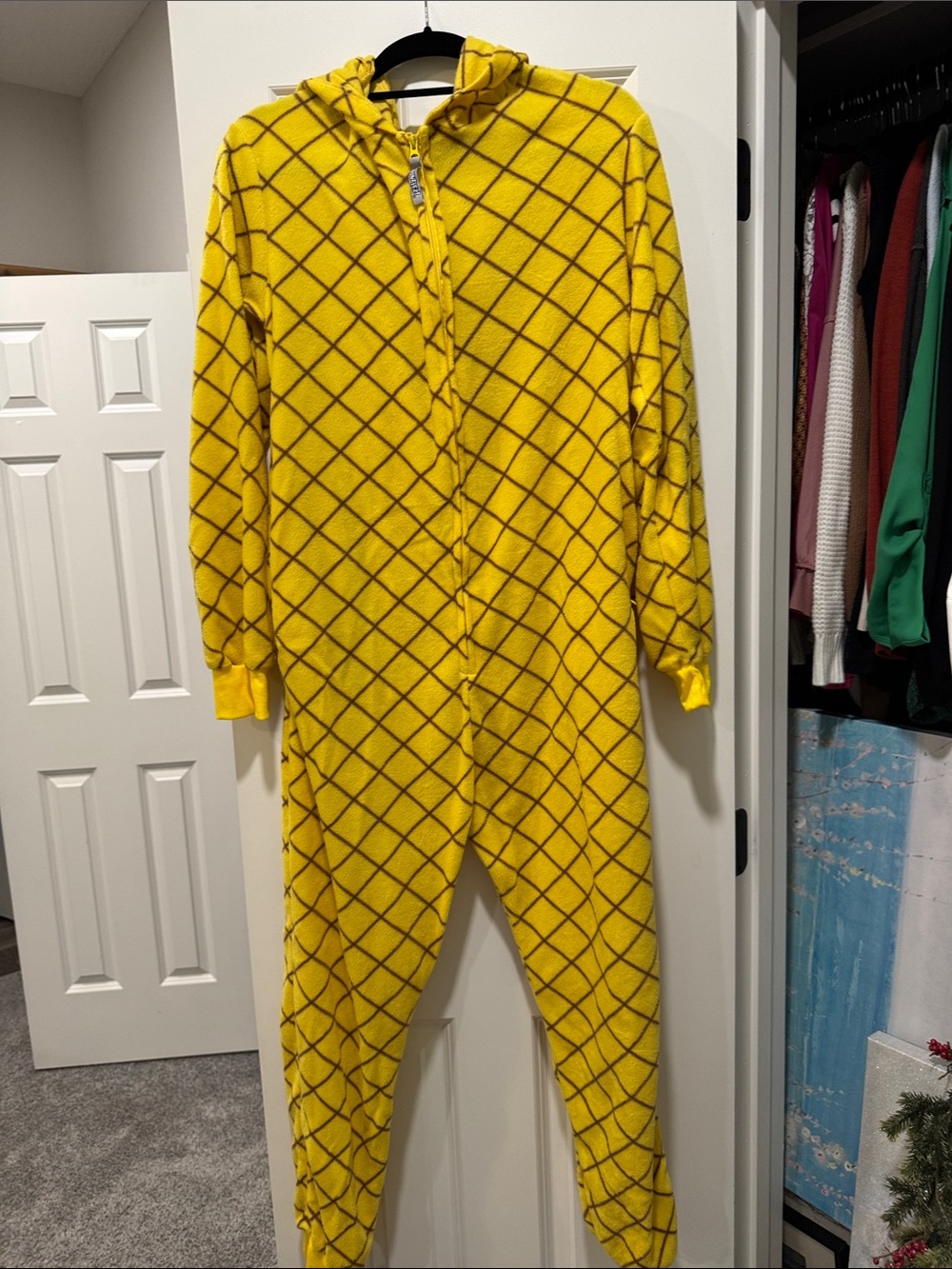 Pineapple onesie Yellow Hooded One-Piece with Brown Grid. Fun pajamas!!